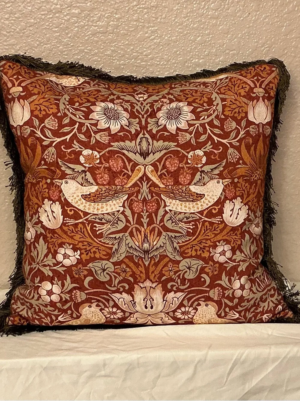 William Morris Bird & Floral Jacquard Pillow in Rust & Cream with Green Fringe
